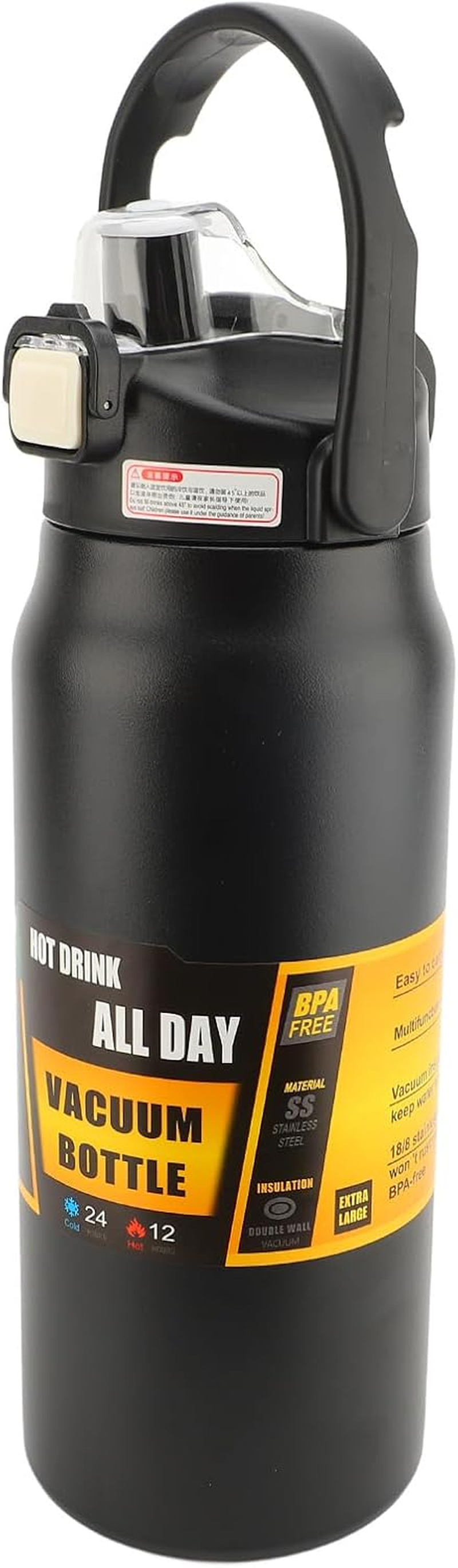 Bewinner 304 Stainless Steel Insulated Water Bottle 1.5L, Straw Lid Handle Reusable Wide Mouth Vacuum Bottle for Gym Fitness (White)