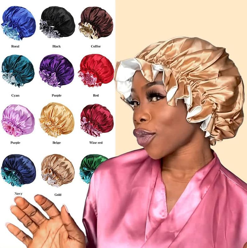 AIMALL Women'S Sleep Cap Elastic Satin Bonnet Wide Band Curly Hair Pure Sleeping Hat - Elastic Wide Band, Comfortable for Curly Hair, Dual-Color, Breathable Night Hat for Hair Care - Black image number 5