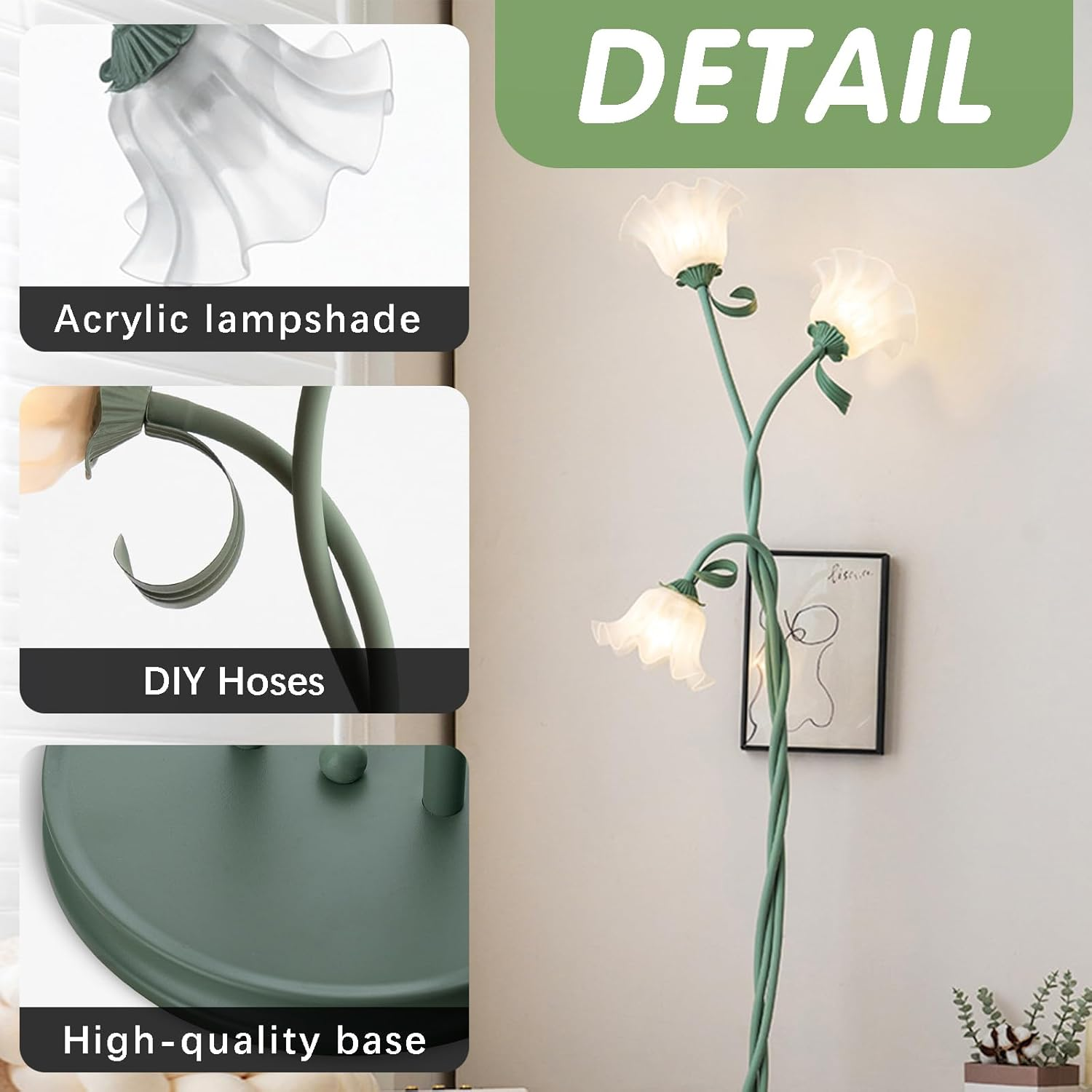 Green Floor Lamp - European DIY Iron Lamp with 3 Rotating Flowers, 170 Cm Modern Lamp, Suitable for Bedroom, Living Room, Study, Office, Includes 3 Bulbs image number 3
