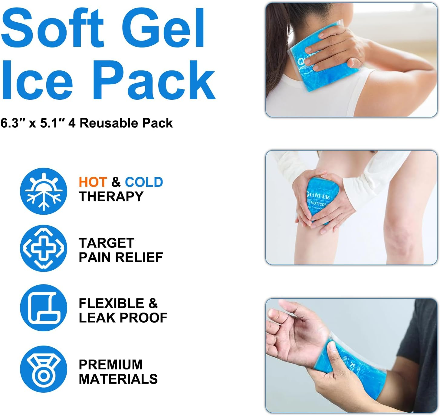 WORLD-BIO Reusable Gel Ice Packs (4 Pack) - Hot Cold Pack for Injuries, Pain Relief, Migraines - Gel Ice Pack Cold Compress for Neck, Foot and Wrist - Flexible Cold Packs for Injuries - 5.1" X 6.5" image number 1