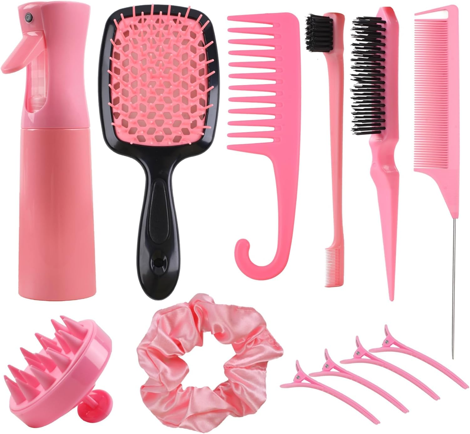 12 Pcs Hair Brush Set, 3 Pieces Slick Back Hair Brushes for Toddlers, Women, Detangling Brush for All Typs of Hair, Edge Bristles Wide Tooth Rat Tail Combs for Baby Girls Boys(Pink)