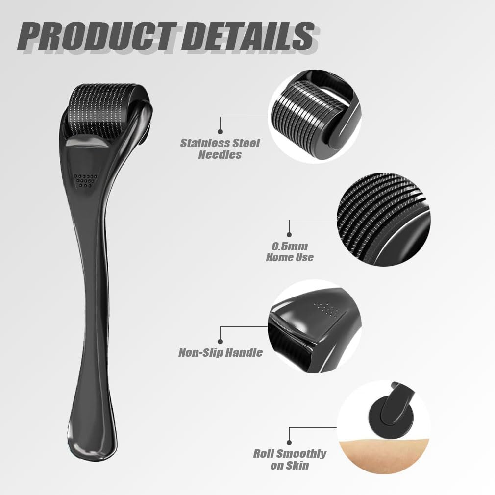 Derma Roller Beard Growth Microneedles Roller Microneedling Roller for Stimulate Hair Growth, Thicker Beard, Facial Skin Care, Cosmetic Beauty for Men & Women (0.5Mm Black) image number 4