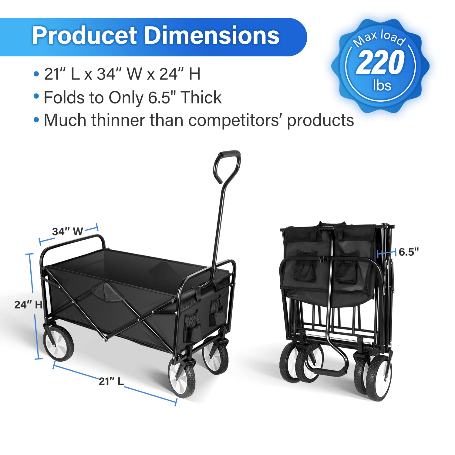 YSSOA Rolling Folding & Rolling Collapsible Garden Cart, Outdoor Camping Wagon Utility with 360 Degree Swivel Wheels & Adjustable Handle, Black 220Lbs Weight Capacity image number 1