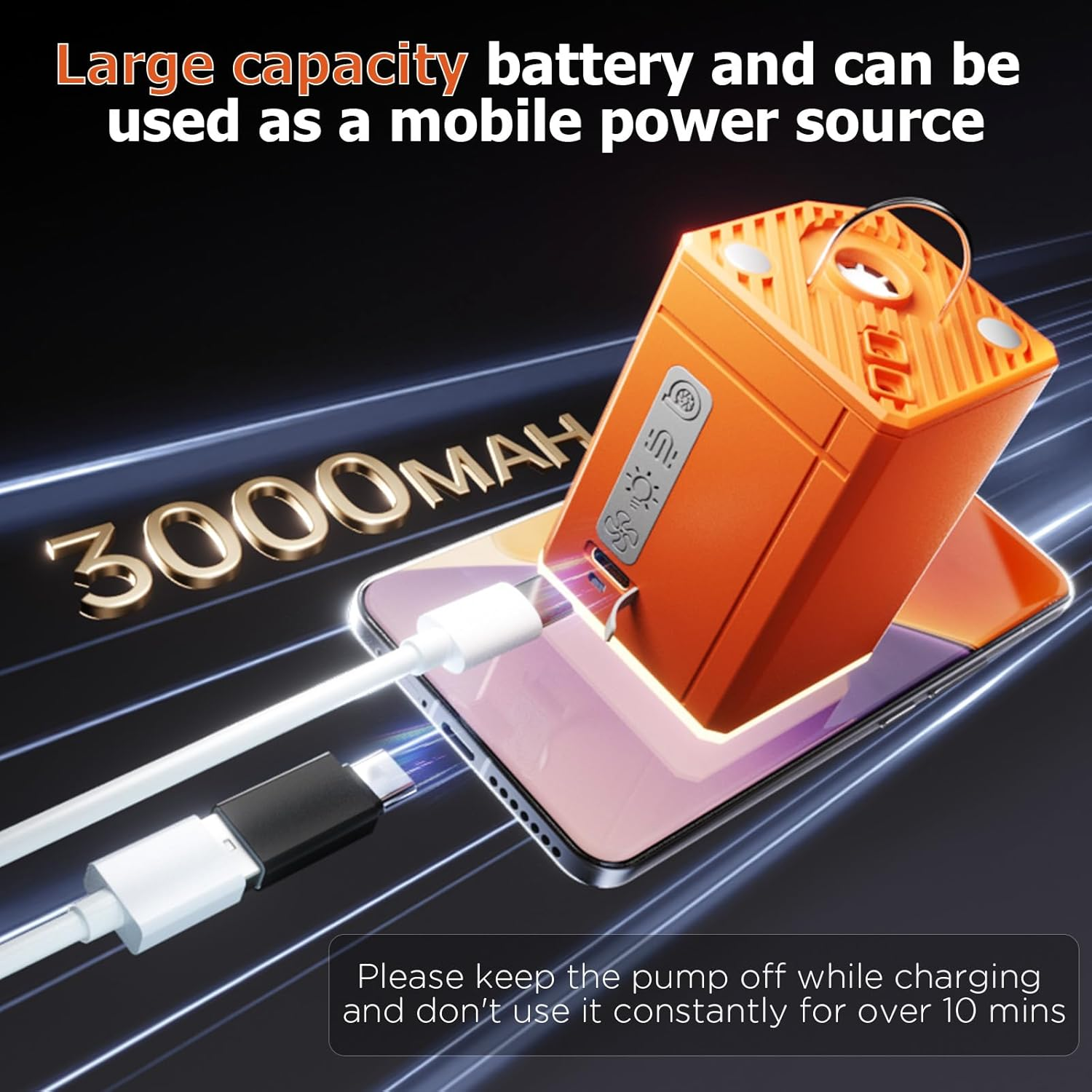 Portable Air Pump, Electric Air Pump with Camping Lantern and Fan, Rechargeable Mini Pump with 10 Nozzles, Quick Inflate Deflate for Air Mattress, Air Bed, Pool Toys, Floats, Swimming Ring,Vacuum Bags image number 5