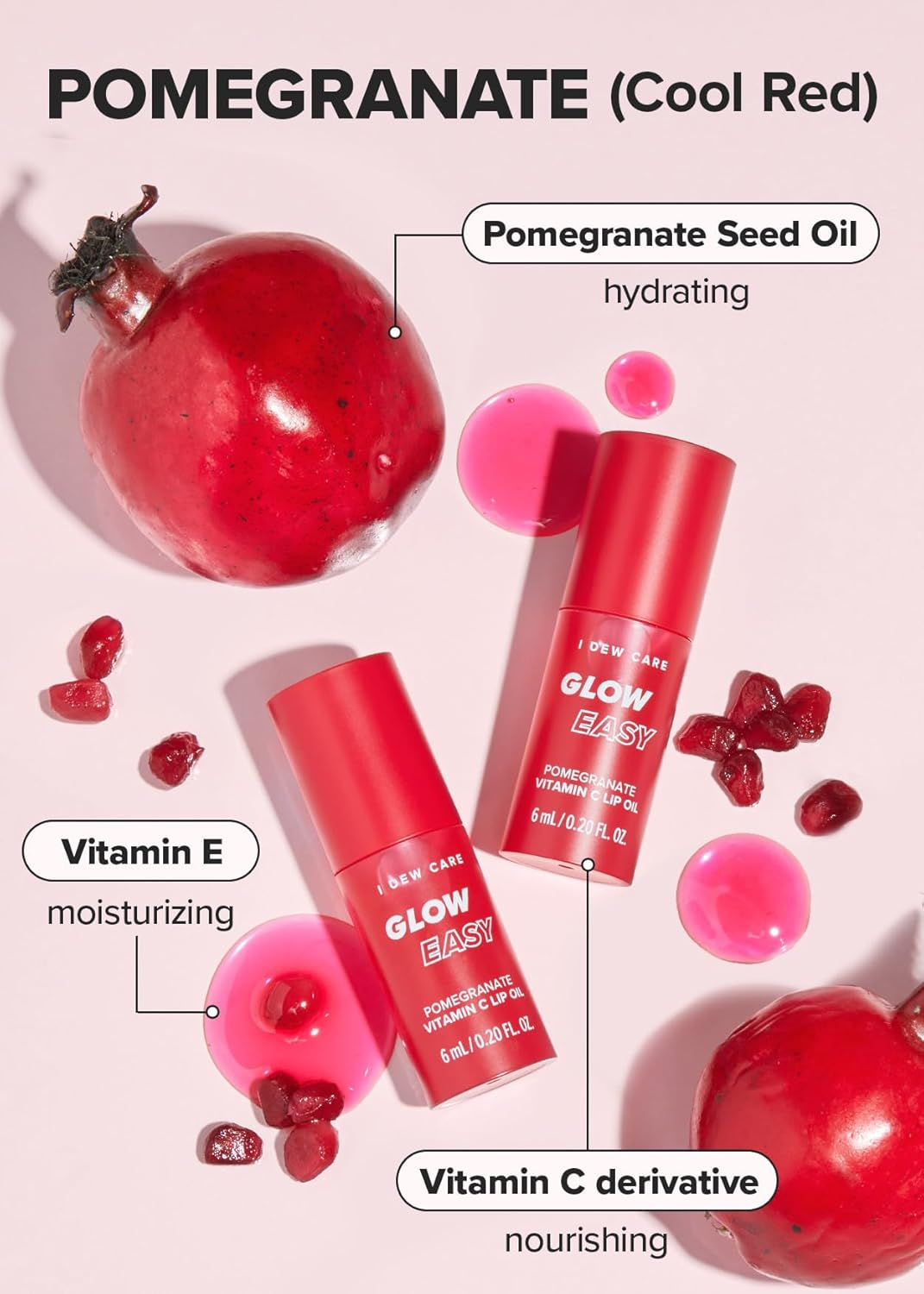 I DEW CARE Glow Easy Pomegranate Vitamin C Lip Oil, Pigmented Glossy Lip Oil, Hydrating, Korean Makeup, Tinted Lip Care, Cool Red, 0.20 Fl Oz image number 1