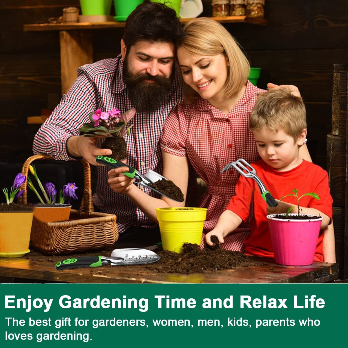 ESOW Garden Tool Set, 3 Piece Cast-Aluminum Heavy Duty Gardening Kit Includes Hand Trowel, Transplant Trowel and Cultivator Hand Rake with Soft Rubberized Non-Slip Ergonomic Handle, Garden Gifts image number 5