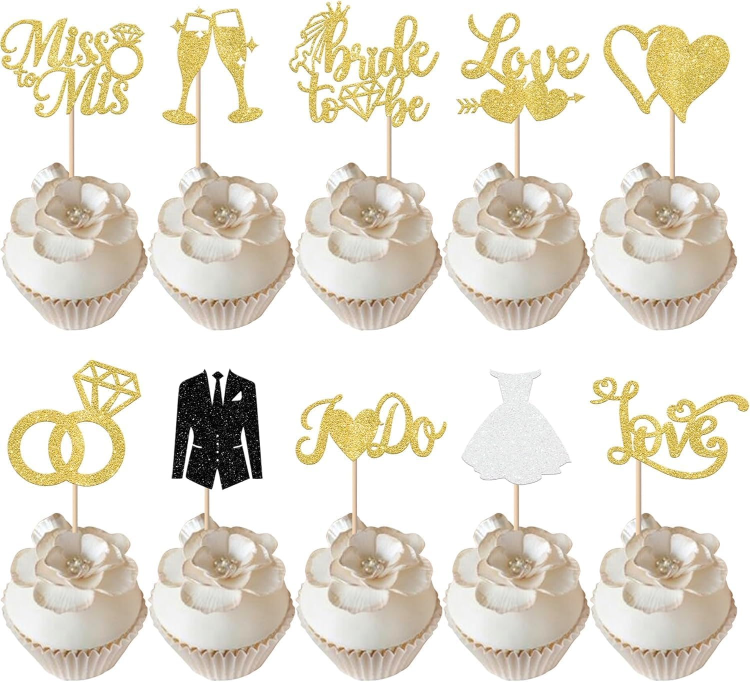 30 Pack Bride to Be Cupcake Toppers Gold Glitter I Do Love Heart Ring Miss to Mrs Cupcake Picks Bridal Shower Cake Decorations for Wedding Engagement Bachelorette Party Supplies (Multi)