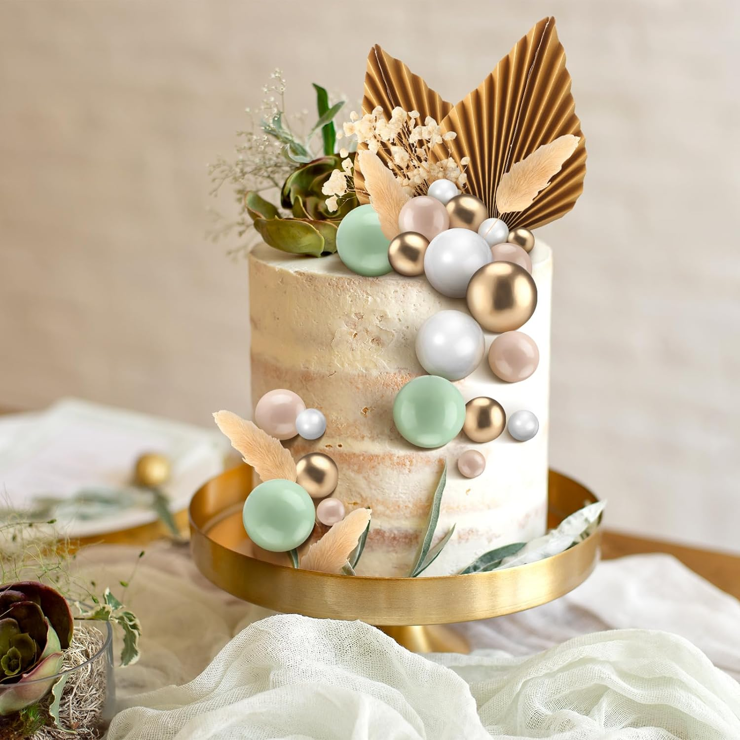 61Pcs Sage Green Ball Cake Topper and Picks - Foam Cupcake Topper for Baby Shower, Birthday Party, Wedding Anniversary - DIY Cake Decoration Supplies image number 1