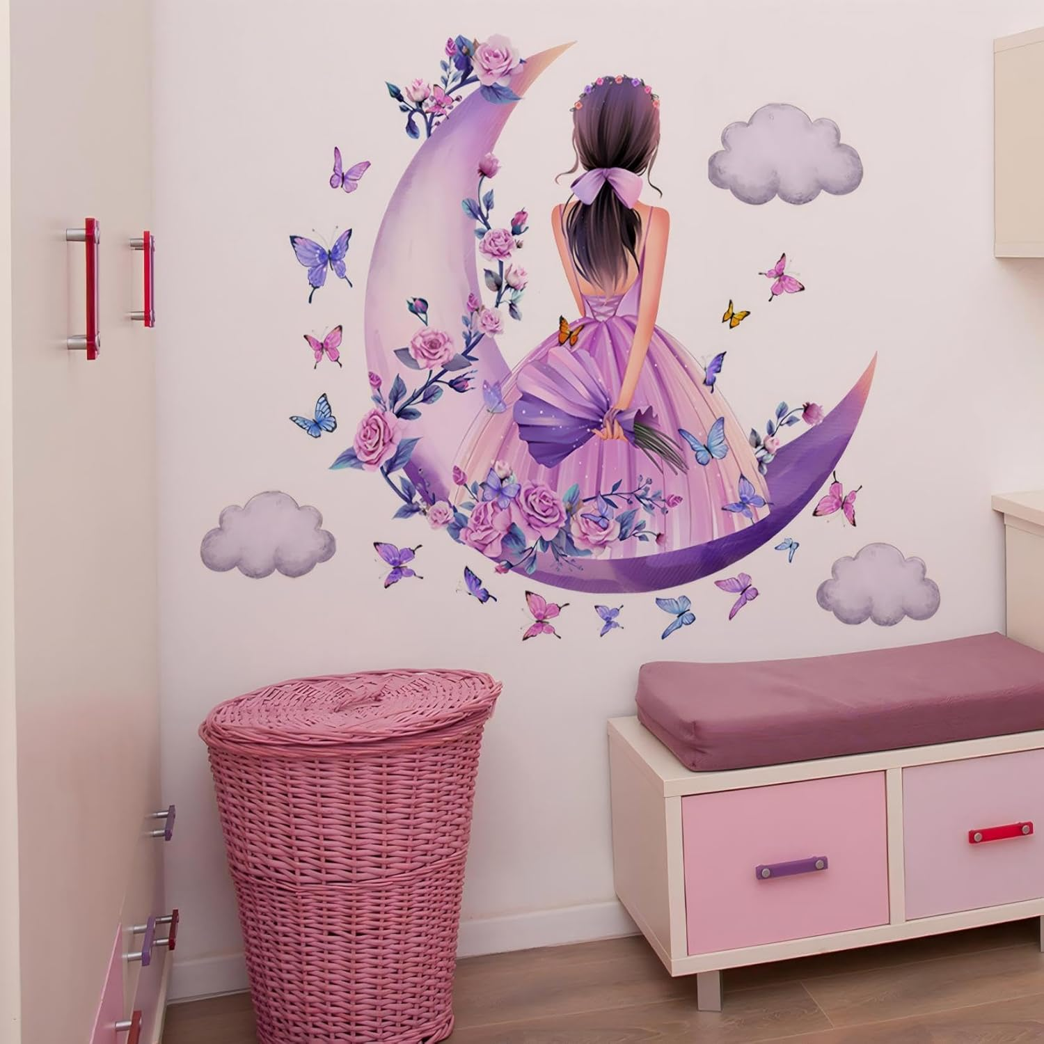 Butterfly Girl Wall Sticker, Moon Clouds Flower Fairy Wall Decal, Pink Floral Photo Wallpaper, Colourful Butterflies Wall Decoration, Wall Art for Girls, Baby, Children'S Room, Bedroom image number 5