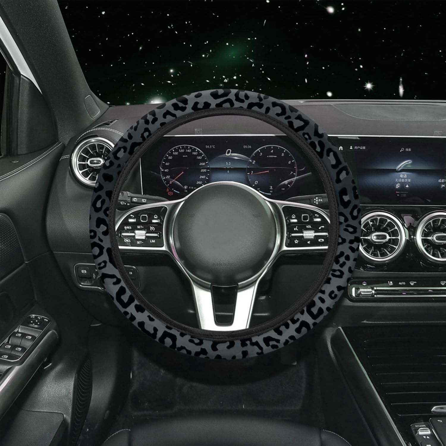 15 Pcs Black Leopard Print Printing Car Steering Wheel Cover Center Console Armrest Pad Headrest Seat Belt Cover Handbrake Cover Keychain Coaster Full Set Car SUV image number 3