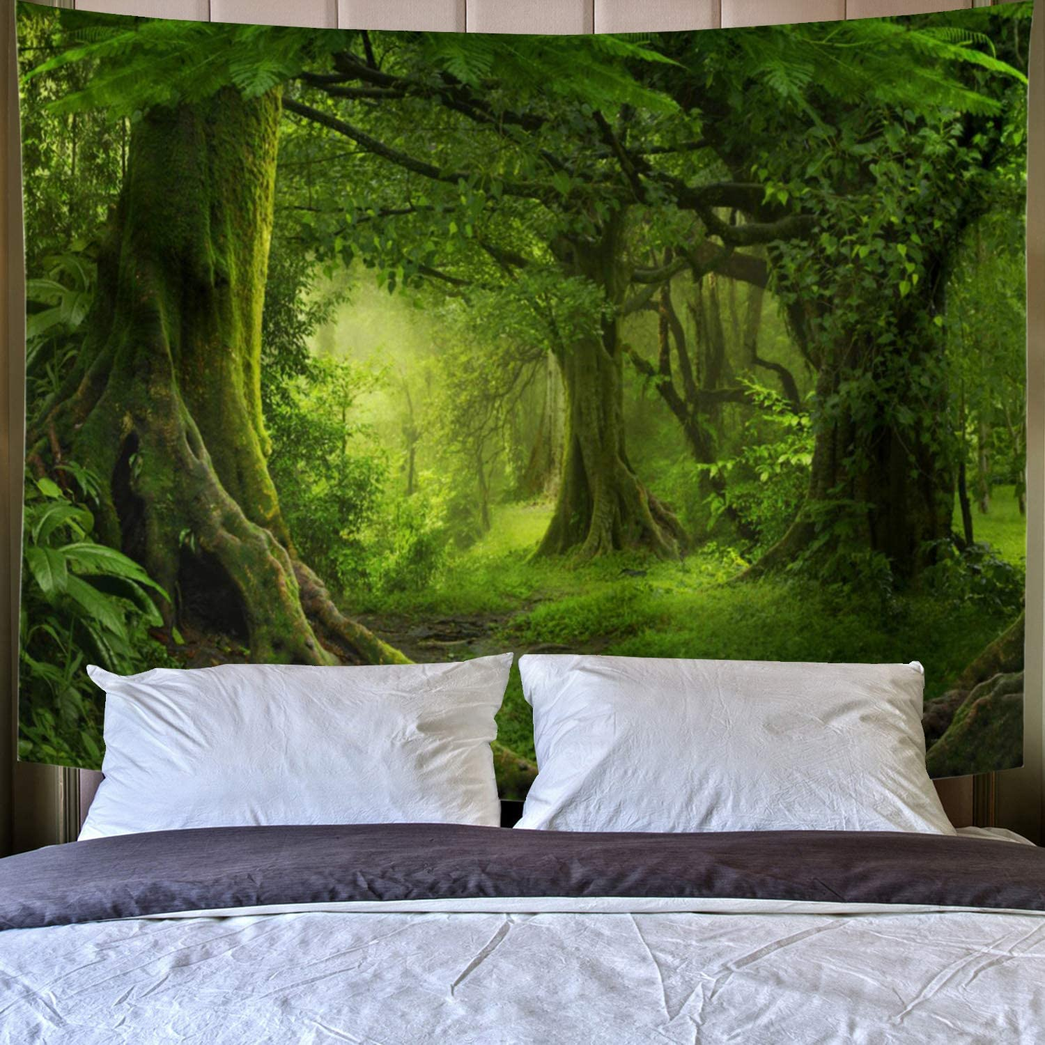 Lahasbja Virgin Forest Tapestry Green Tree in Misty Forest Tapestry Wall Hanging Nature Scenery Wall Tapestry Decor for Living Room Bedroom (XL/70.8"&times;92.5", Green Trees) image number 1