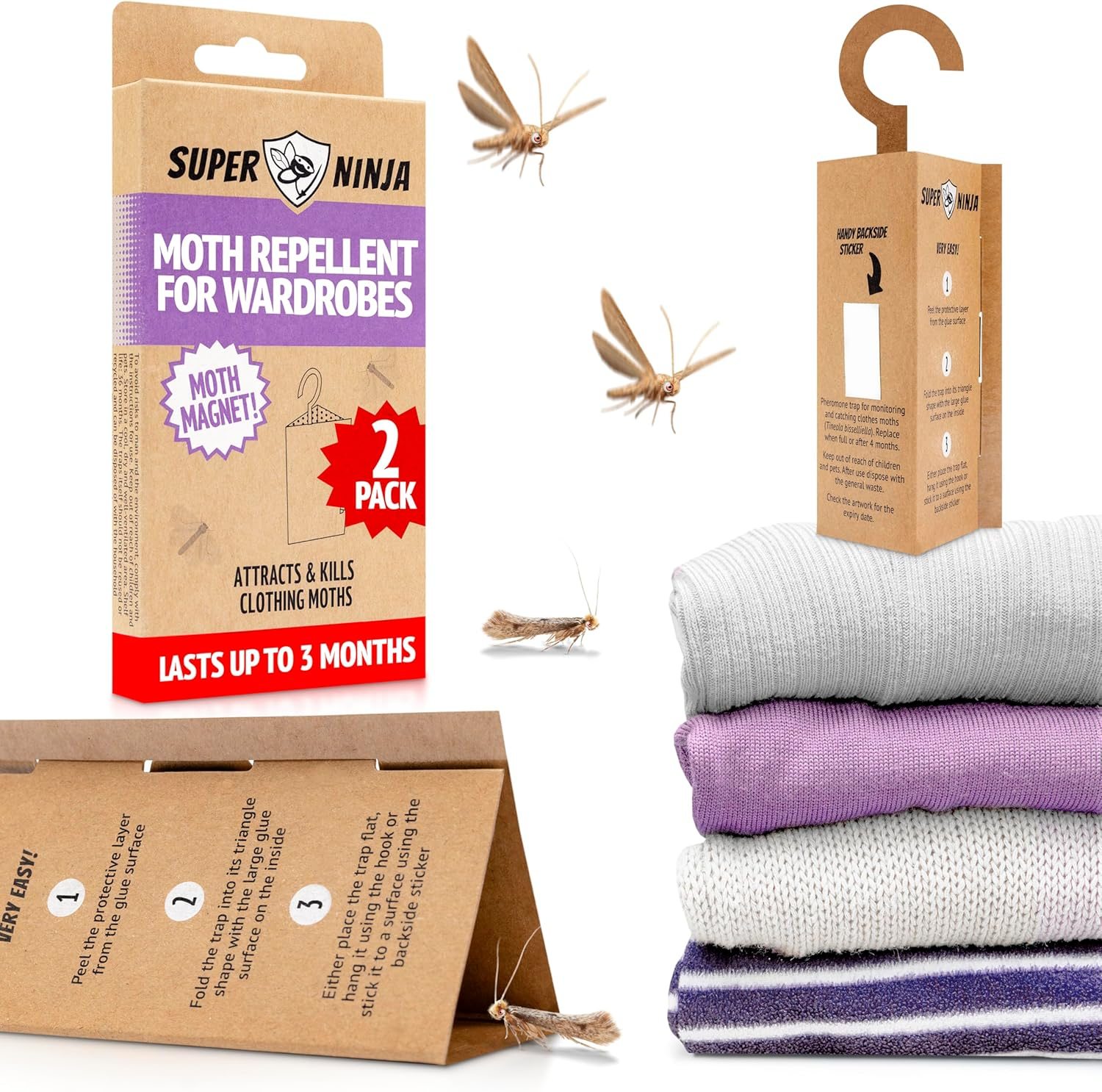 Super Ninja Clothes Moth Traps - 2 Pack, Non-Toxic Moth Repellent for Wardrobe, Highly Effective Pheromone-Infused Attractant, Ideal for Protecting Clothes, Carpets & Drawers, Last up to 3 Months image number 2
