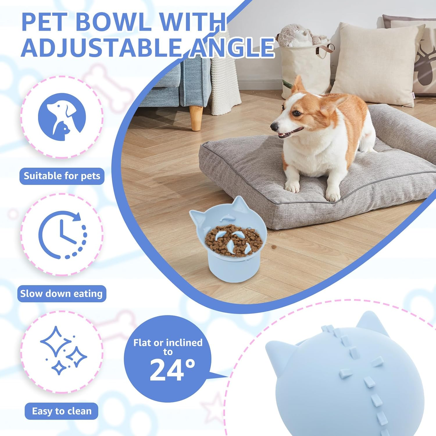 DJAPWPX 2 Pcs Silicone Cat Slow Feeder, Elevated Slow Feeder Dog Bowl with Nonslip Base, Adjustable Angle Pet Feeding Bowls to Slow down Eating for Cats Dogs