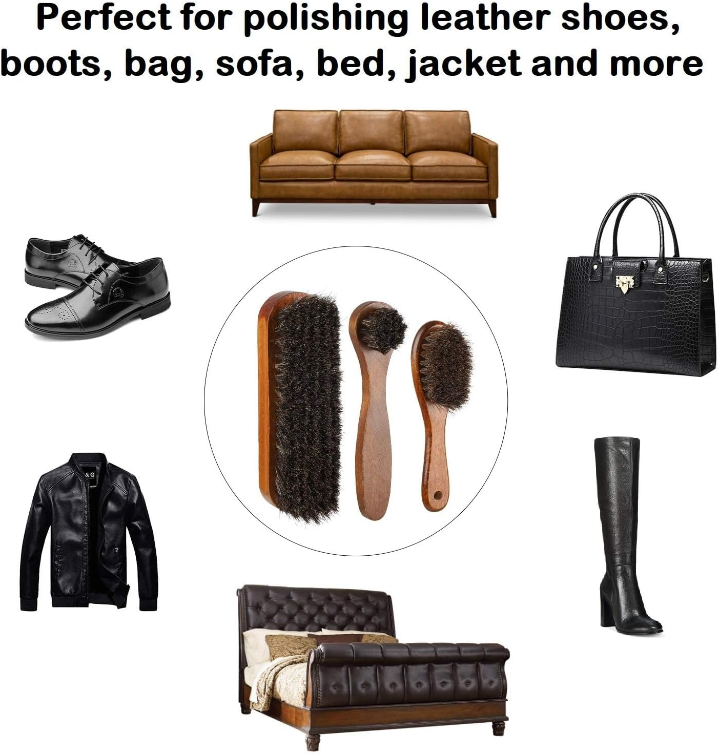 Shoe Brush Set - Horsehair for Shine Polish Buff 3 Pcs Dauber Applicator Brushes + 1 Pc Shoes Cloth Glove Brown 20.5 X 16X 6 Cm image number 6