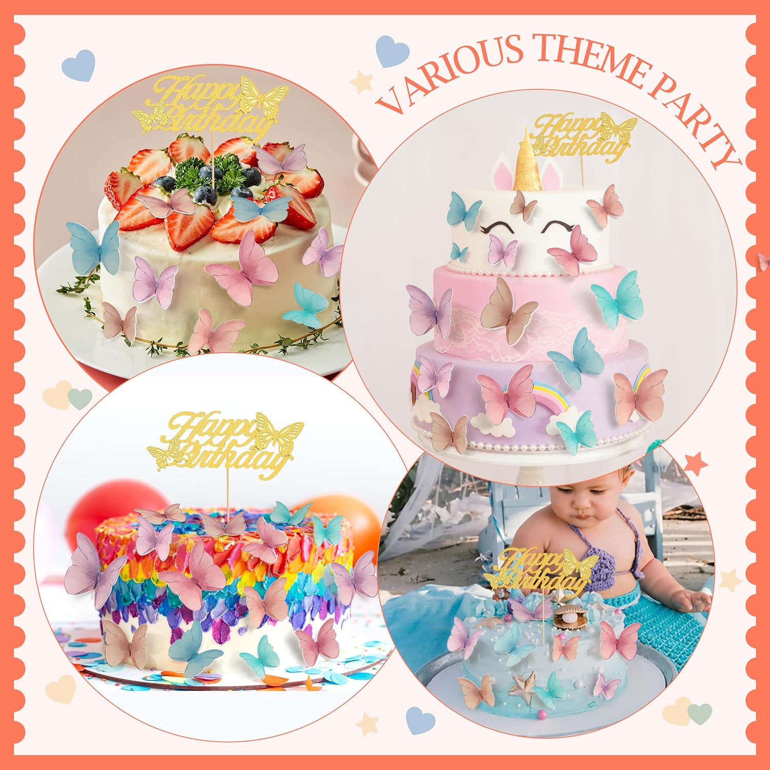 48 Pcs Edible Butterflies for Cake Decorations and 'Happy Birthday' Butterfly Cake Topper, 3D Wafer Paper Butterfly Cupcake Toppers and Cake Topper for Birthday Party Cake Decorations (Mixed Colour) image number 4