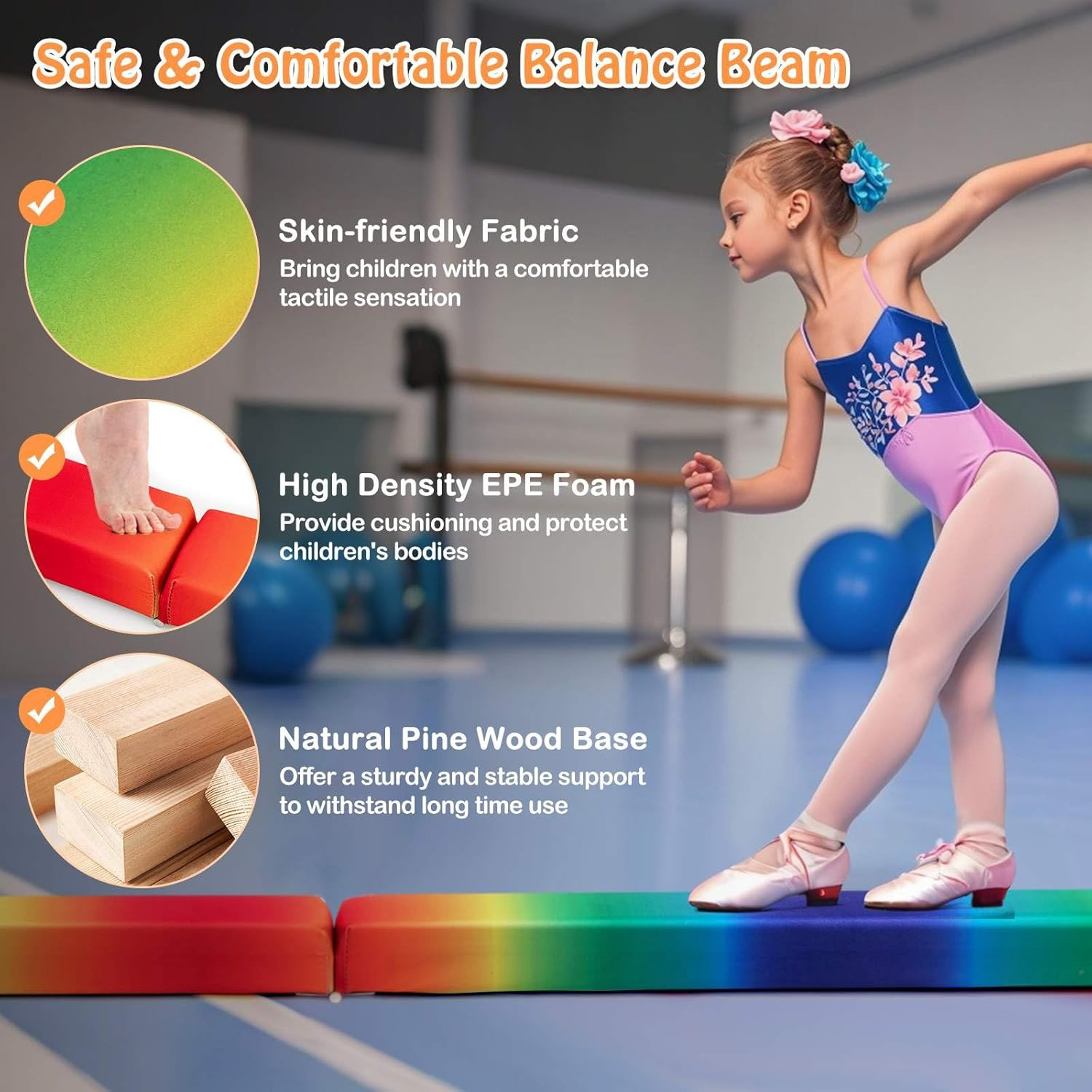 Costway Folding Balance Beam, Portable Gymnastic Beam W/Solid Wood Base & Anti-Slip Bottom, Extra Firm Floor Gymnastics Equipment W/Carry Handle for Professional Home Training - Blue-240 Cm image number 5