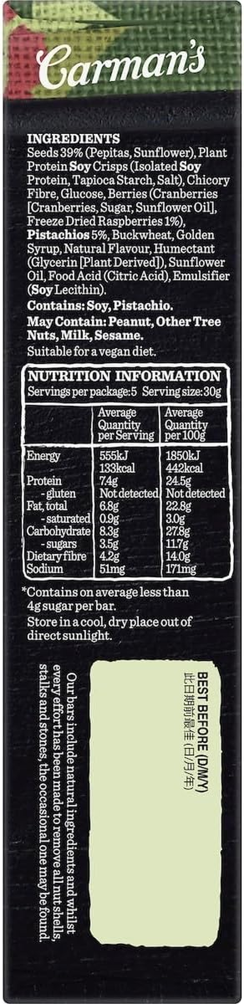 Carmans Raspberry and Pistachio Seed and Plant Protein Bar 150 G image number 1