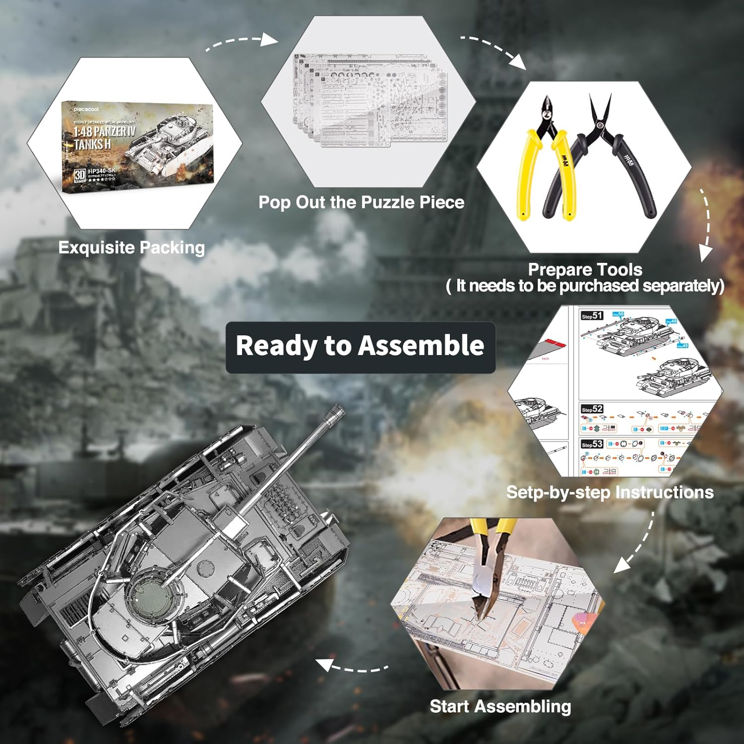 Piececool Metal 3D Puzzles for Adults, Germany Panzer IV Tanks Model Building Kits (1:48 Scale), DIY Assembling Arts and Crafts, Best Christmas Birthday Gifts image number 4
