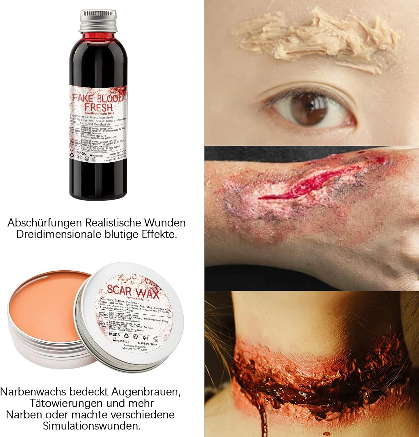 Halloween Make up Set, Artificial Blood, Encrusted Artificial Blood, Skin Wax & 12 Colours Face Painting & Sponge & Brush, for Halloween Parties, Costume Parties, Carnival, Zombie Vampire Wounds, Scars Make-Up image number 5