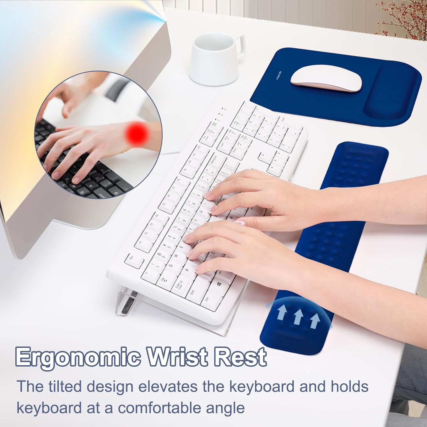 MOSISO Computer Keyboard Stand & Mouse Pad with Wrist Rest, Ergonomic Massage Wrist Rest Set, Easy Typing Working Acrylic Clear Keyboard Stand for Office Home, Navy Blue image number 2