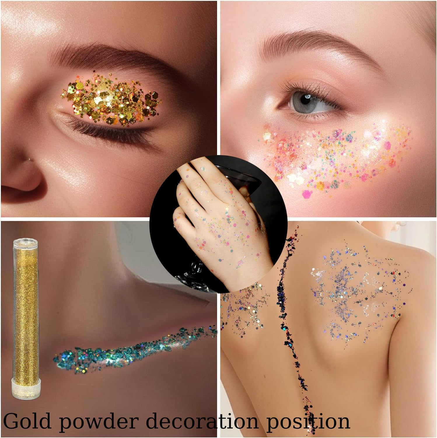 Glitter Freckles, Freckles Temporary Face Tattoos, Women Girls Body Face Glitter, Country Concert Singer Festival Carnival Accessories (Gold - 10 Pieces, Including Two Tubes of Decorative Gold Powder) image number 3