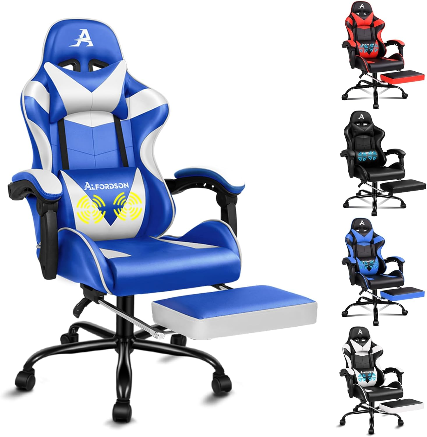 ALFORDSON Gaming Chair with Massage and 150&deg; Recline, Ergonomic Executive Office Chair PU Leather with Footrest, Adjustable Height Racing Chair with SGS Listed Gas Lift, Max 180Kg(Blue)