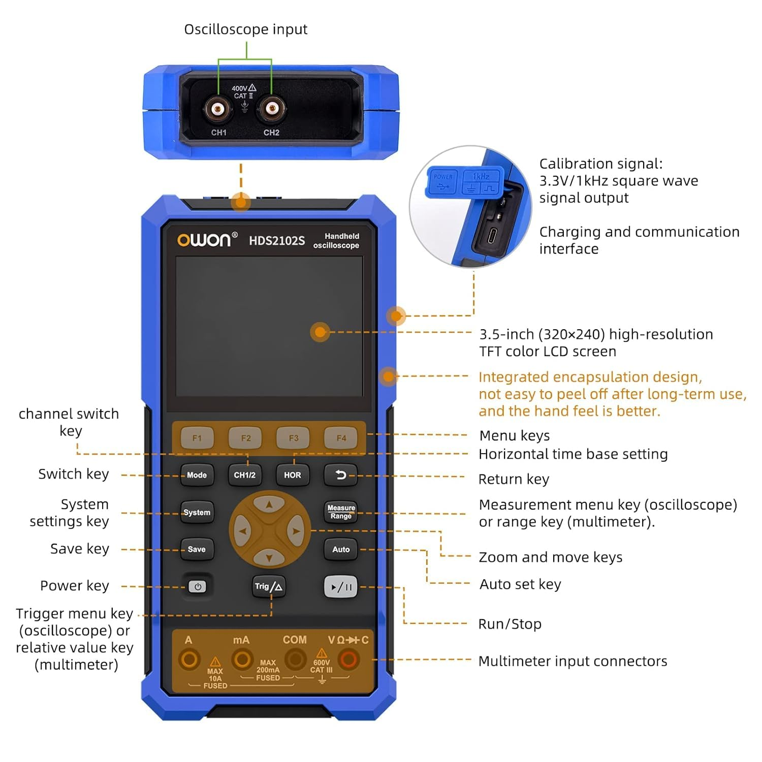 OWON Oscilloscope Hds2102S 3 in 1 Digital Handheld Oscilloscope Multiumeter,2-Ch 100 Mhz Bandwidth USB Type-C Interface, 20000 Counts Digital Multimeter with 3.5 Inch LCD Display image number 6