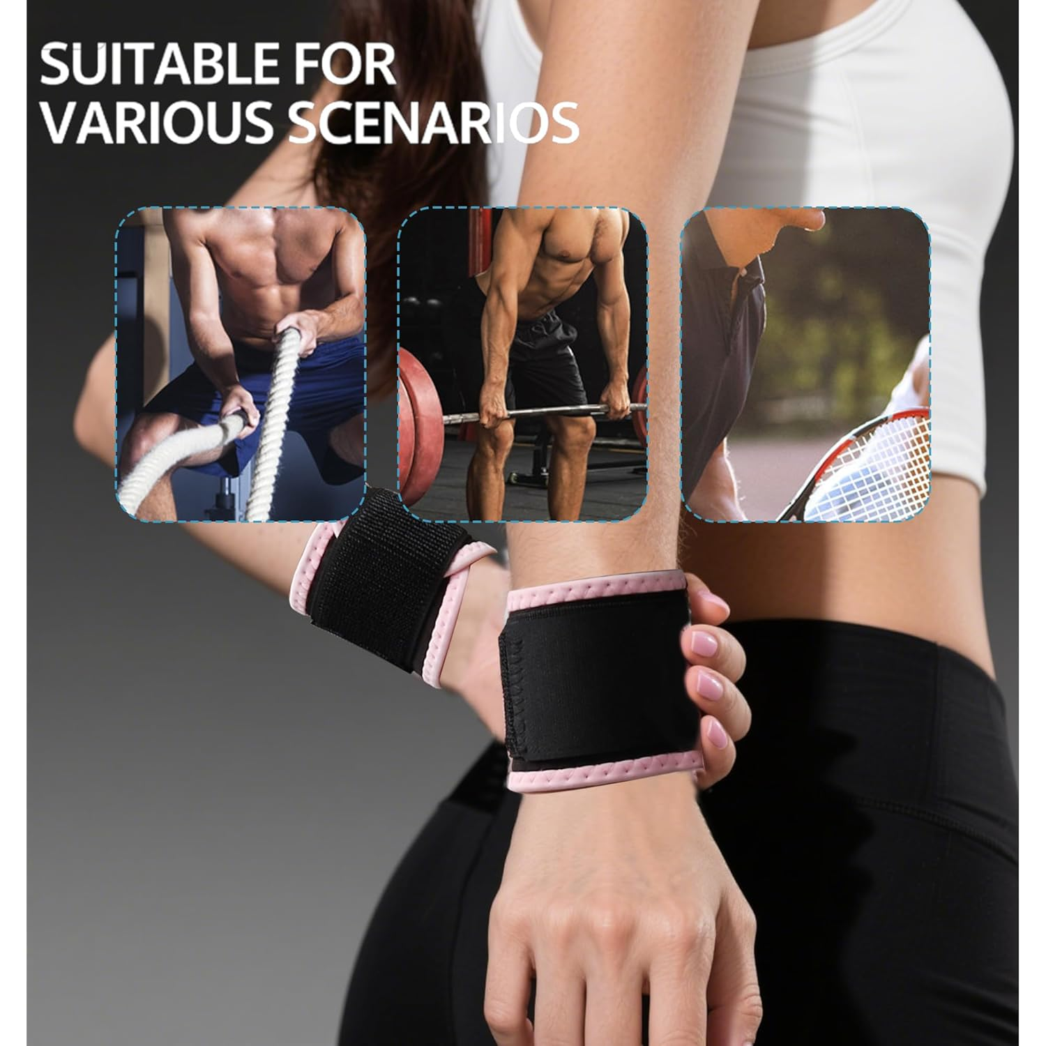 Wrist Brace 2 Pack - Wrist Support for Carpal Tunnel Pain Relief for Men & Women - Adjustable Wrist Straps for Weightlifting, Gym, Sports, Cycling - Comfortable & Flexible Wrist Guard for Sprains (Pink) image number 3