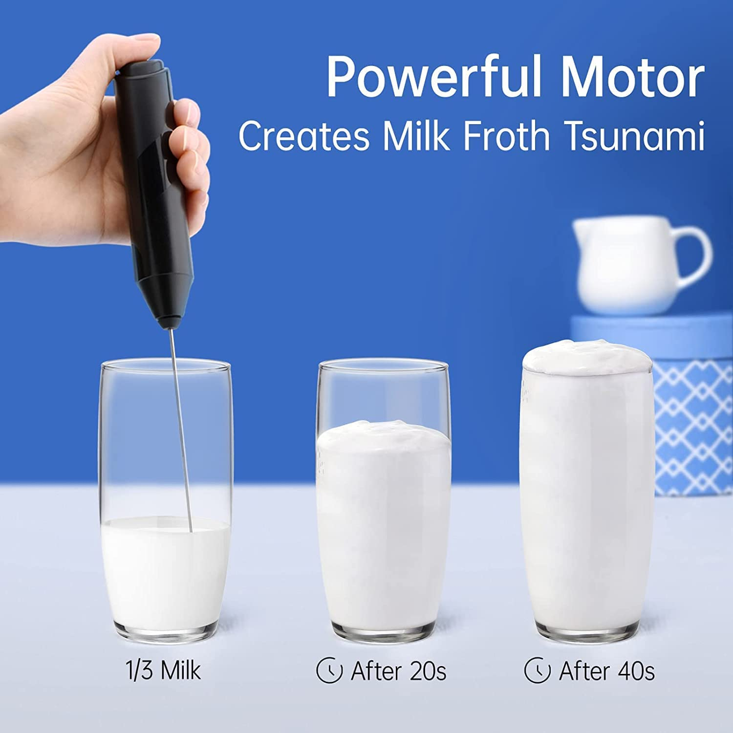 ETHEL Electric Milk Frother Handheld with Stand, Battery Powered Foam Maker, Whisk Drink Mixer Mini Blender for Coffee, Frappe, Latte, Matcha, Hot Chocolate (Black) image number 5