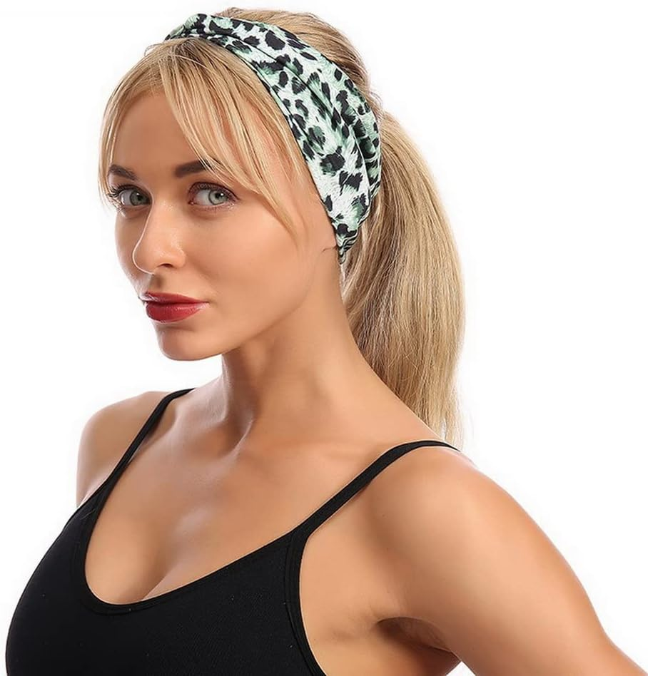 Woration Headband Yoga Leopard Print Cross Wide Elastic Headwear Head Wrap Hairband Twist Turban Knot Headwrap Hair Accessories for Women, Girls - Green - Leopard D image number 2