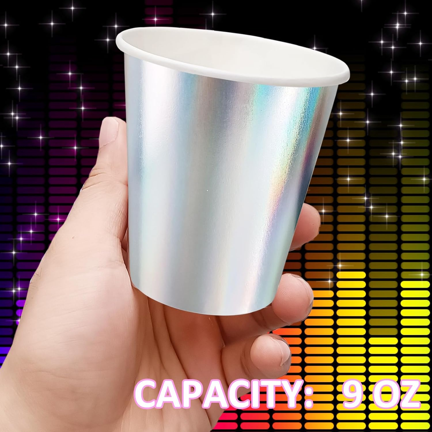 Eacitown 50 Pcs Iridescent Paper Cups Disco Party Cups Rainbow Silver Mermaid Unicorn Themed Birthday Party Supplies 9OZ
