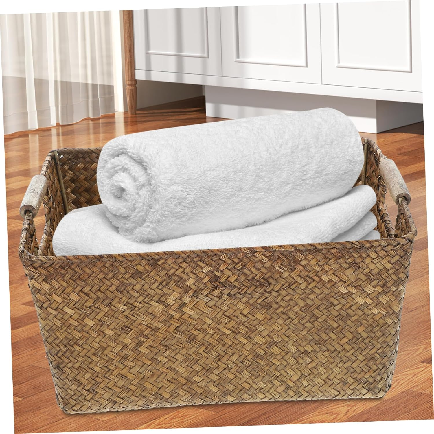 OFFSCH Seagrass Woven Storage Basket with Wooden Handles, Medium 34X25X17Cm Natural Fiber Organizer for Home and Office Shelves, Toy and Sundry Storage Container image number 2