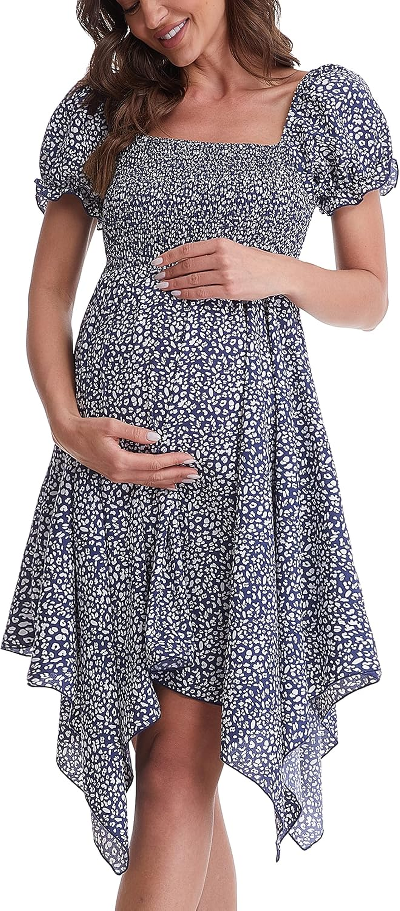 Maternity Summer Short Puff Sleeve Floral Maternity Dress, Square Neck Flowy Irregular Hem Baby Shower Dress image number 7