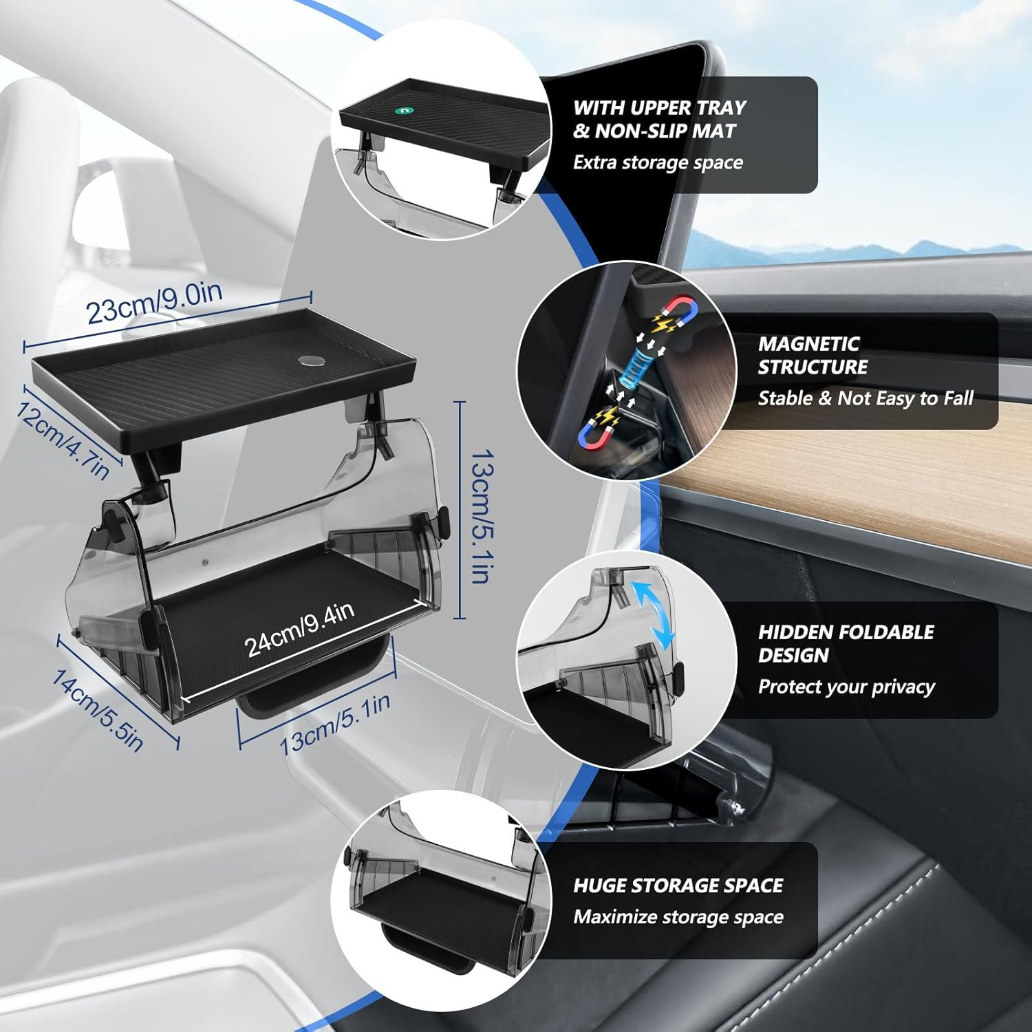 Car Center Console Organizer for Tesla Model 3 Model Y, Magnetic Tray under Screen Storage Box Dashboard Holder for Tesla Interior Accessories image number 2