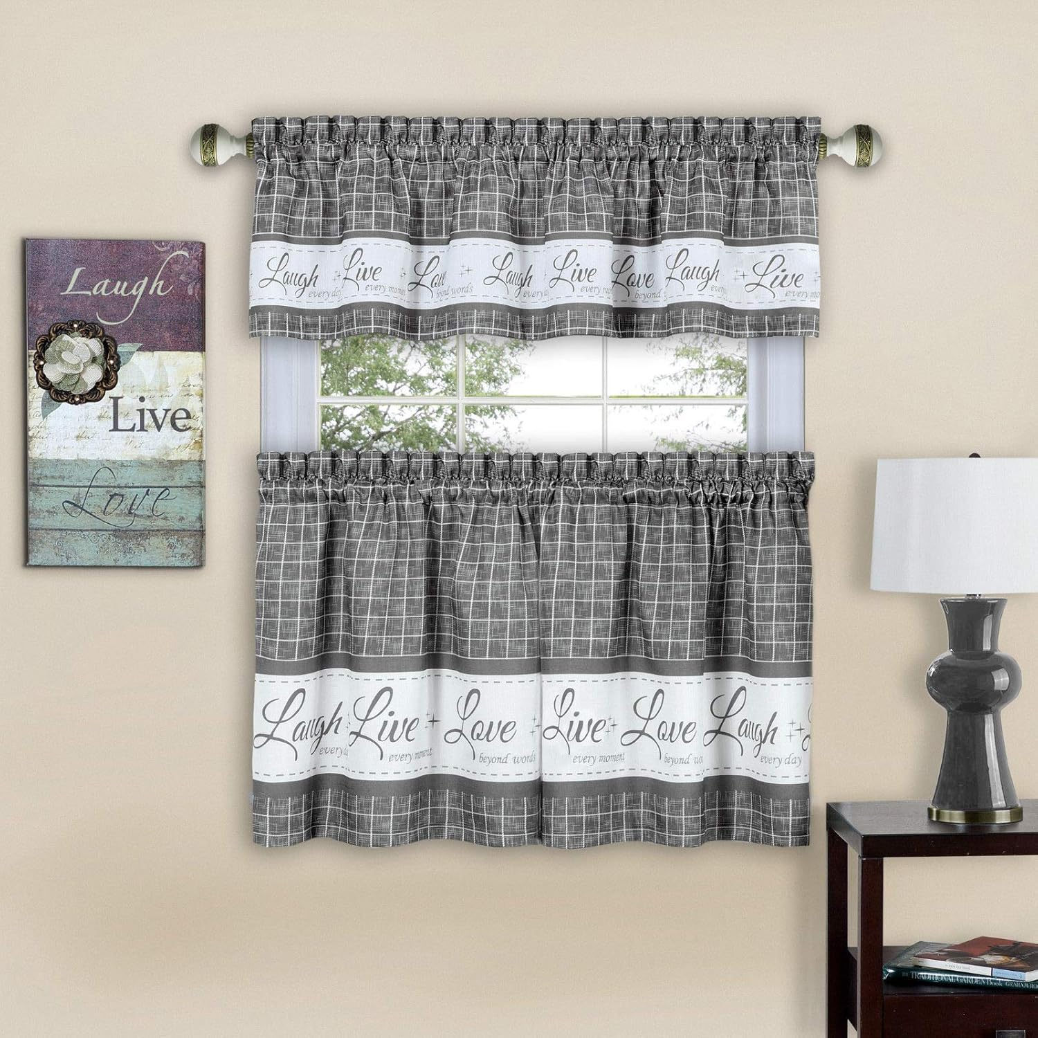 Goodgram Country Gingham Check Live~Laugh~Love 3 Pc. Caf&eacute; Plaid Kitchen Curtain Set - Assorted Colors & Sizes (Gray, 36 In. L) image number 4