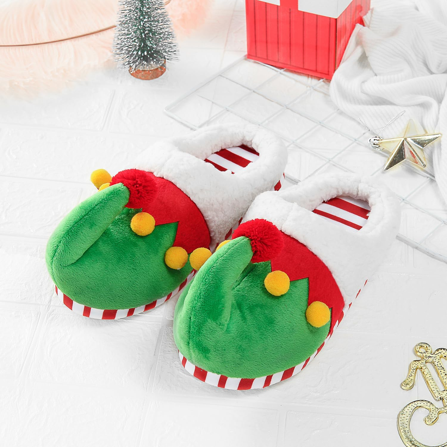 Christmas Slippers for Women Men Elf Shoes Furry Home Nonslip Slippers Comfy Bedroom Christmas Slippers Indoor Outdoor Shoes image number 2