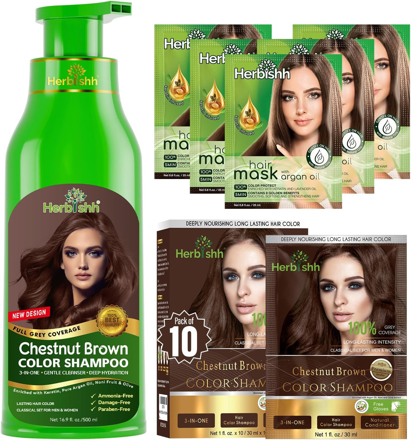 Herbishh Combo Chestnut Brown Hair Color Shampoo 500Ml + Hmask Pack of 5 + Chestnut Brown Travel Pouch &ndash; 3-In-1 Ammonia-Free Hair Dye, Cleanser & Conditioner &ndash; Long Lasting 3&ndash;4 Weeks &ndash; for Women & Men image number 3