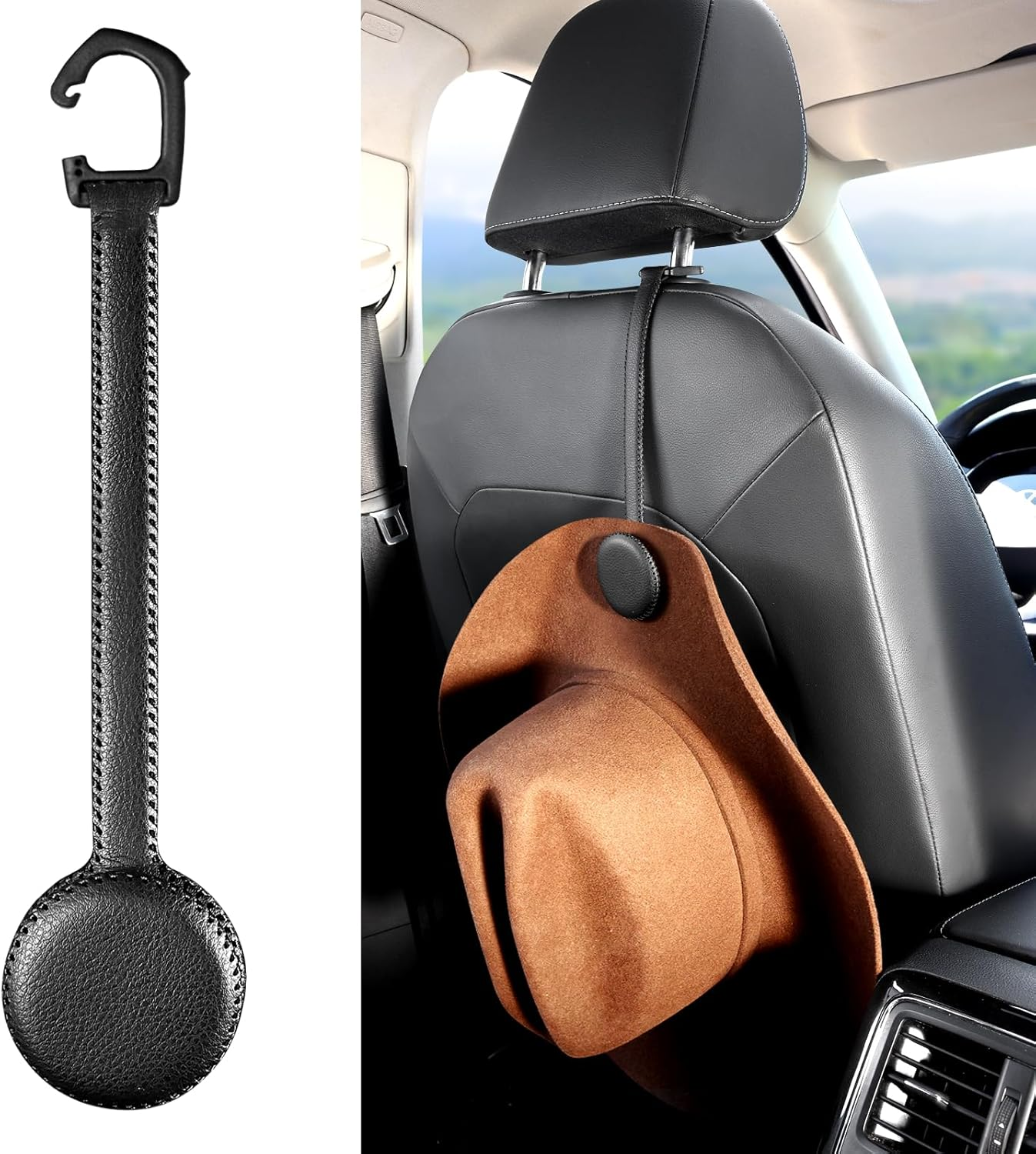 Cowboy Hat Holder for Truck, Magnetic Hat Clip Leather Hat Rack for Car, Headrest Hat Hanger Vehicle Hat Organizer Accessories - Keep Hat Shape, Black, 1 Pack