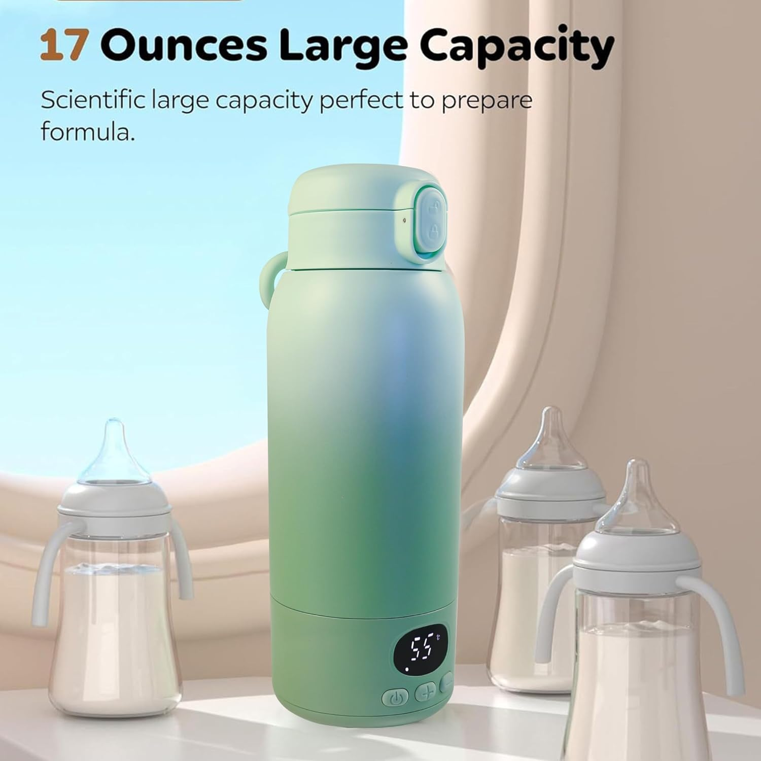 Portable Bottle Warmer for Travel,Milk Warmer for Baby Breastmilk with Fast Heating & Precise Temp Control, Bottle Warmer for Car, Outdoors, 17 Ounces Large Capacity,Green(Only Contains Wires, No Plugs) image number 2