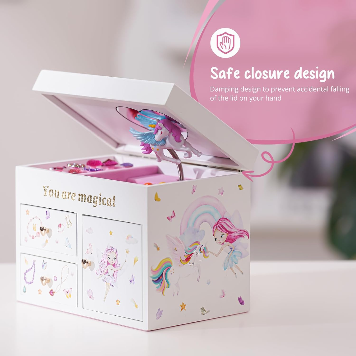 Lolalet Unicorn Jewelry Box for Girls, Wooden Musical Children'S Jewelry Organizer, for Kids Toddler Age 2 3 4 5 6 7 8 9 on Birthday -White image number 4