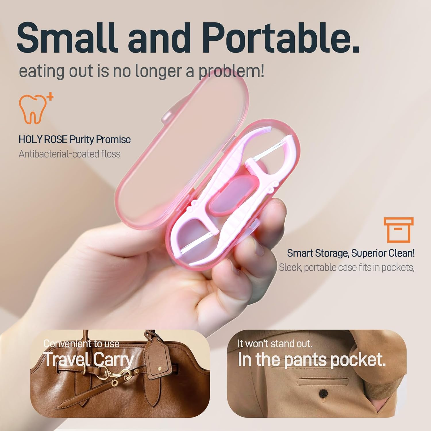 Holy Rose Pink Dental Floss Picks with Micro Travel Case - 6-Box Pack (10 Double String Flossers Each) - Easy Teeth Clean for Adults, Perfect for Home and On-The-Go Flossing image number 2