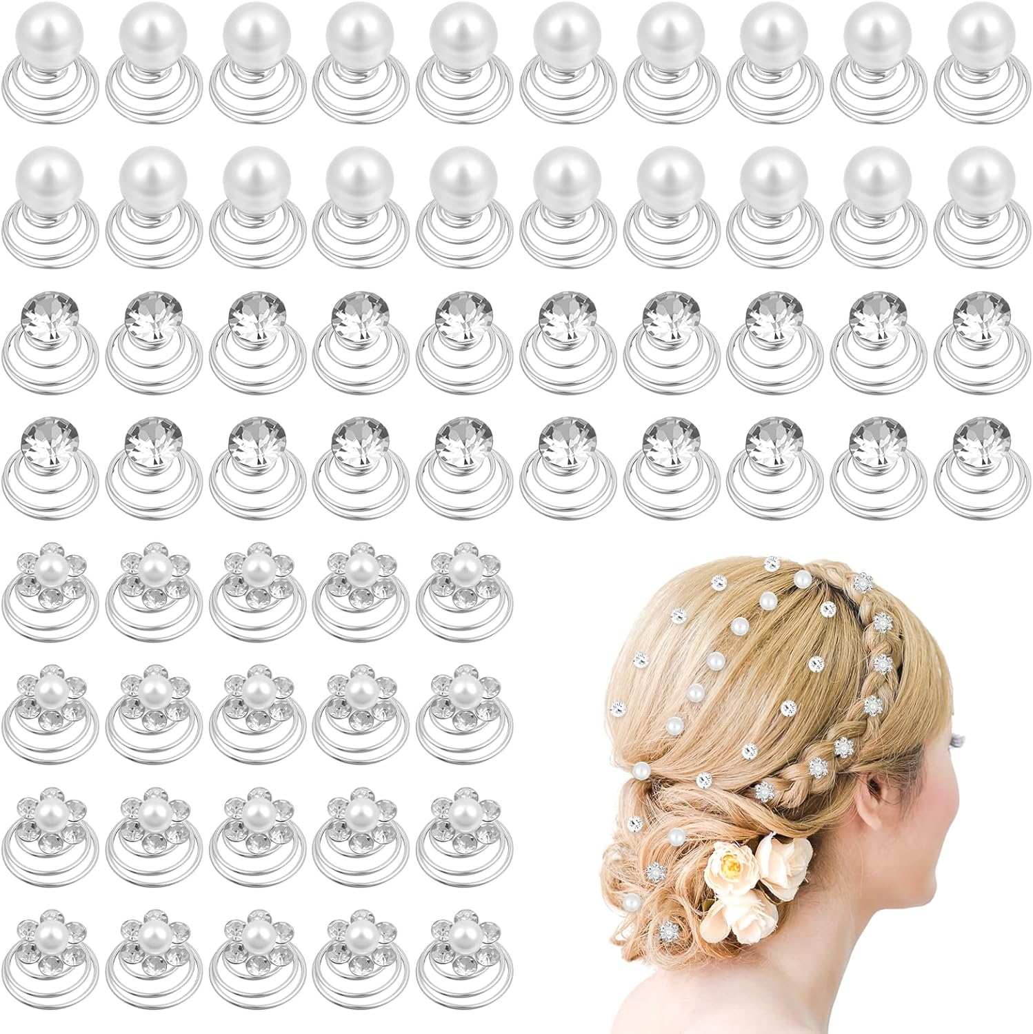 60 Pcs Gems Rhinestone Twister Hair Studs Set, Diamond Spiral Pearl Flower Jewels Hair Pins Silver Rhinestone Hairpin Coil Decorative Accessories for Bridal, Bridesmaid Wedding Party (3 Styles) image number 6