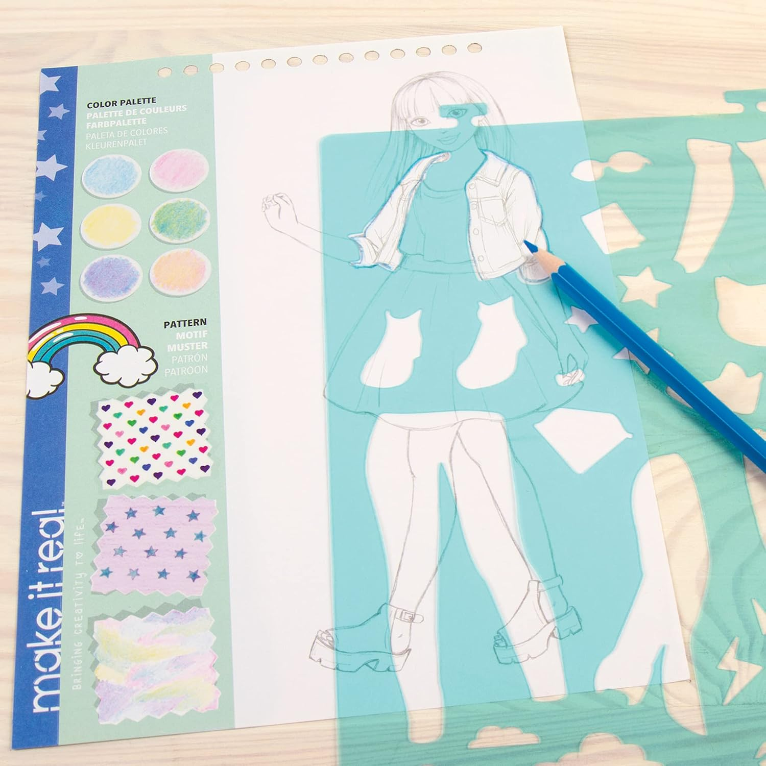 Make It Real - Fashion Design Sketchbook: Digital Dream. Inspirational Fashion Design Colouring Book for Girls. Includes Sketchbook, Stencils, Puffy Stickers, Foil Stickers, and Fashion Design Guide image number 6