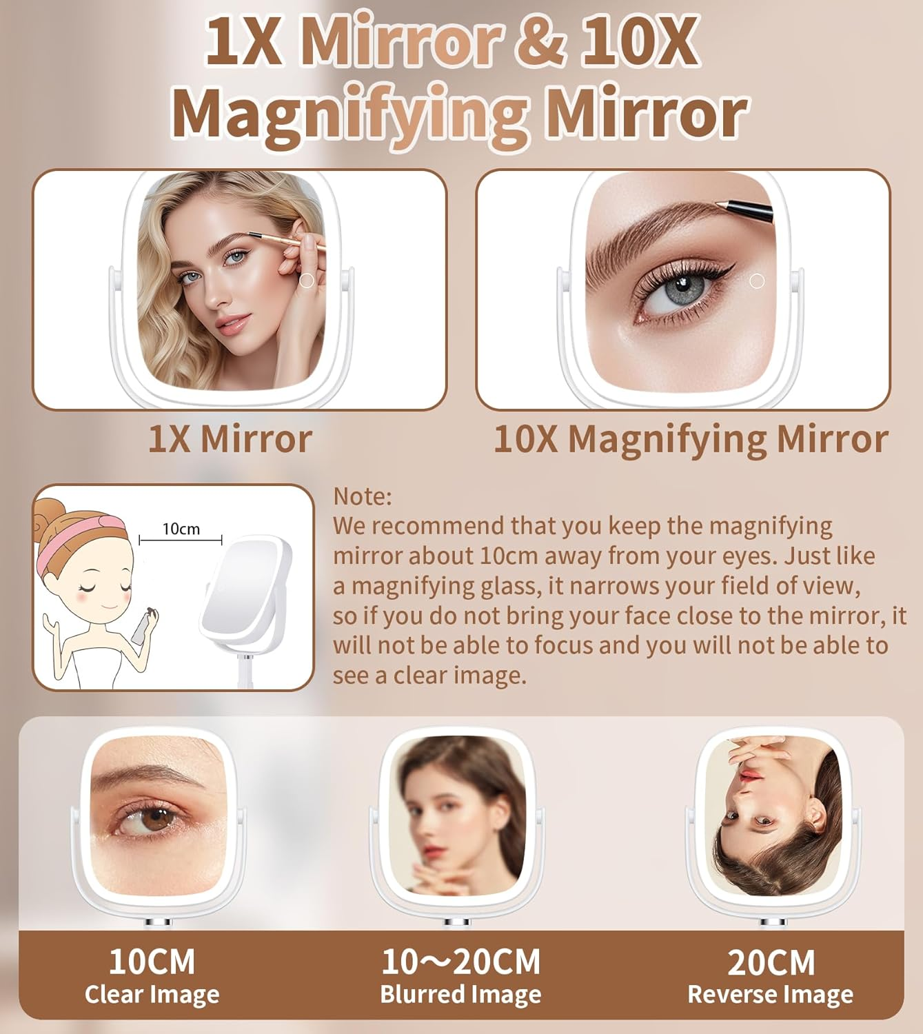 XXZU 64 LED Makeup Mirror with Phone Holder,3000Mah Rechargeable 10X Magnifying Vanity Mirror with Lights,3 Color Lighting & Dimmable Touch Screen Compact Mirrors for Desk,Travel,Bathroom image number 5