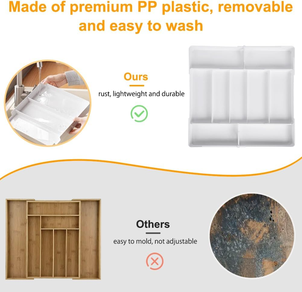 Cutlery Drawer Organiser, Expandable(10.6"-20") Utensil Drawer Organiser, Kitchen Drawer Organizer with 9 Compartments and Non-Slip Base, 4-Way Adjustable Cutlery Tray Organizer for Spoons Forks image number 1