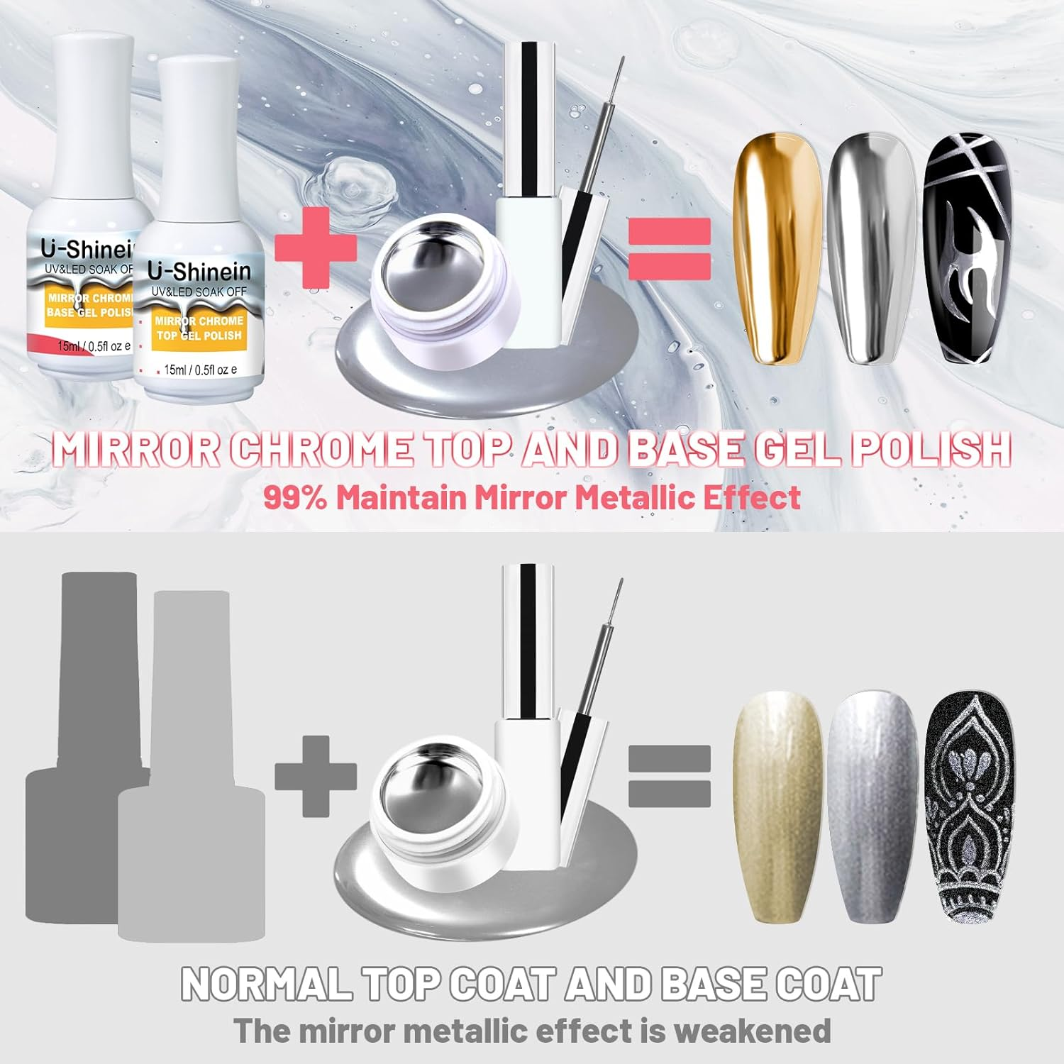 15Ml Base Coat for Metallic Painting Gel, No Wipe Base Gel Polish for Metallic Gel Nail Polish, Chrome Nail Polish, Chrome Nail Powder, Mirror Nail Gel, Easy to Make Mirror Chrome Effect image number 5