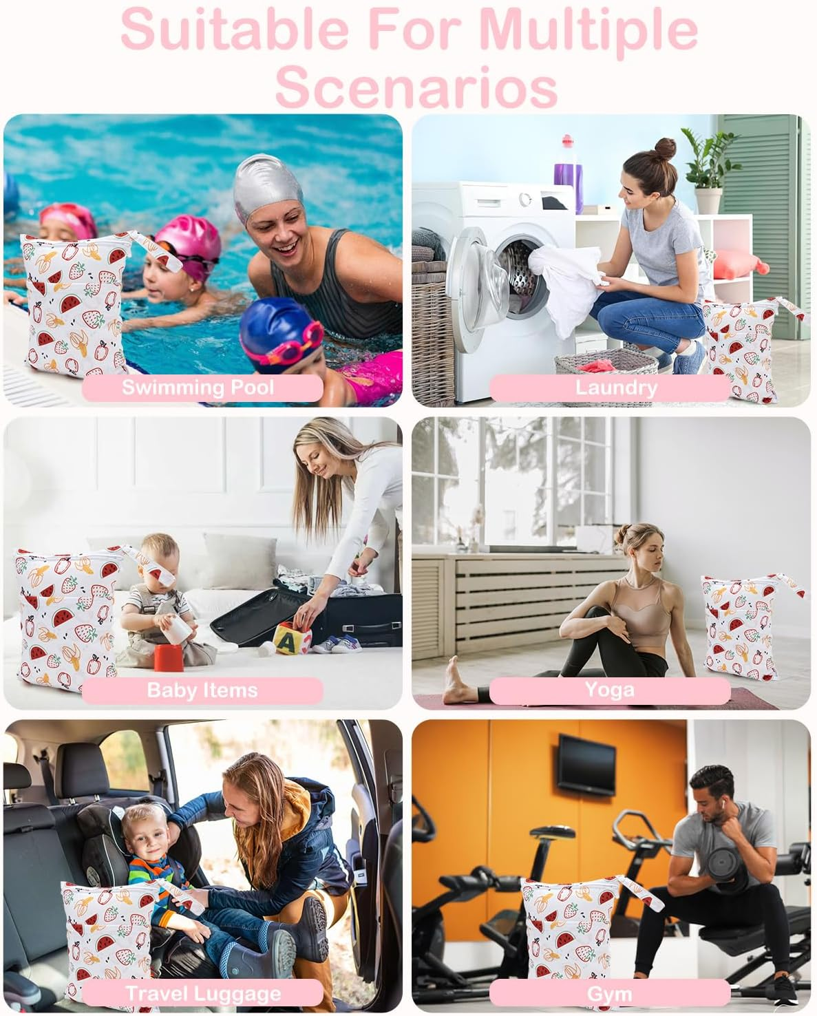 ALVABABY 3 Cloth Diaper Wet Dry Bags Waterproof Reusable with Two Zippered Pockets Travel Beach Pool Daycare Soiled Baby Items Yoga Gym Bag for Swimsuits or Wet Clothes Small Medium Large 3L-ZM27 image number 4