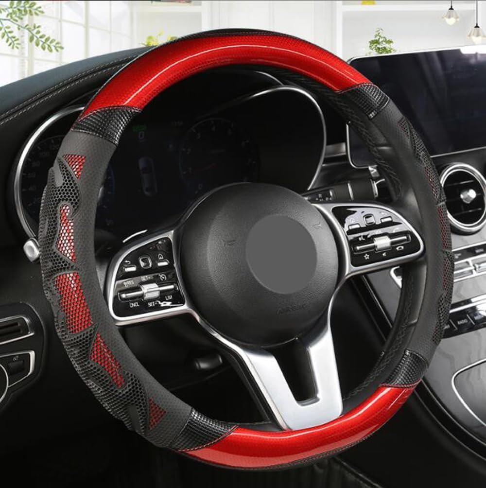 GZE Honeycomb Steering Wheel Cover Carbon Fiber Leather Breathable Wear-Resistant 15 Inch Four Seasons Universal Car Steering Wheel Covers (Blue)