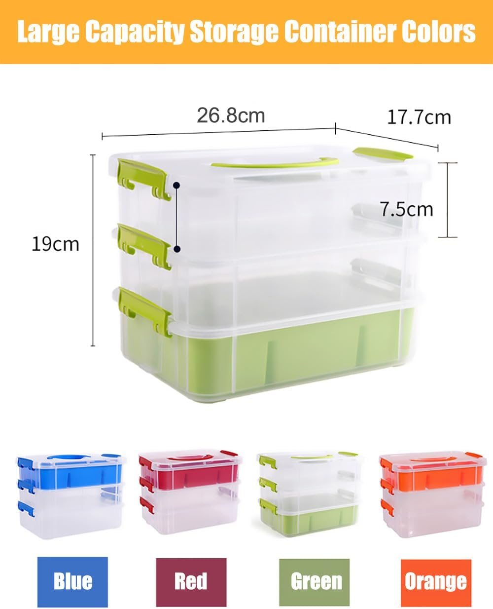 FOREVERIE Stackable Clear 3 Tier Arts & Crafts Plastic Storage Containers Large with a Six-Grid Tray, Portable Layered Embroidery & Sewing Box Organiser, Plastic Storage Box (Clear & Blue) image number 3