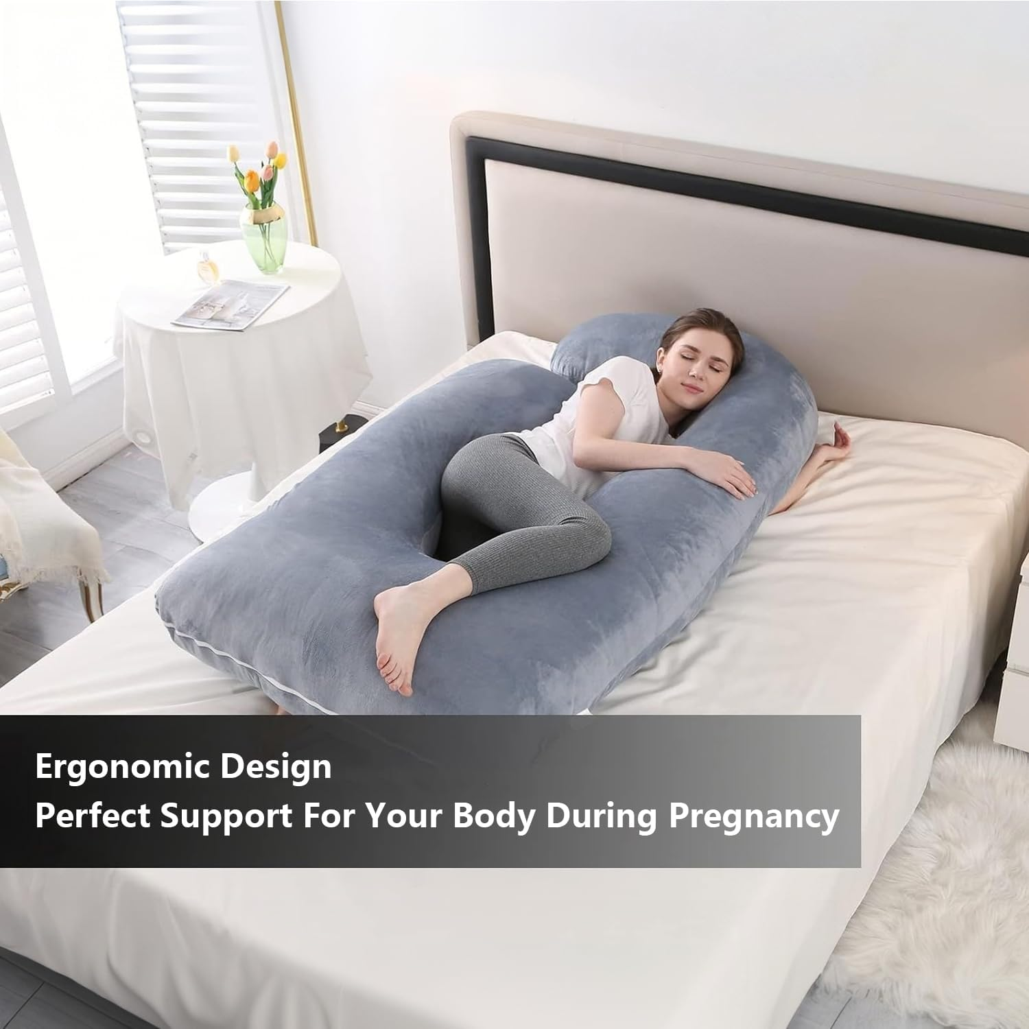 Pregnancy Pillow, J-Shaped Maternity Full Body Pillow for Back, Lumbar, Legs Support, Full Body Pillow for Pregnant Women, Ergonomic Design Long Pillow with Removable Cover image number 1
